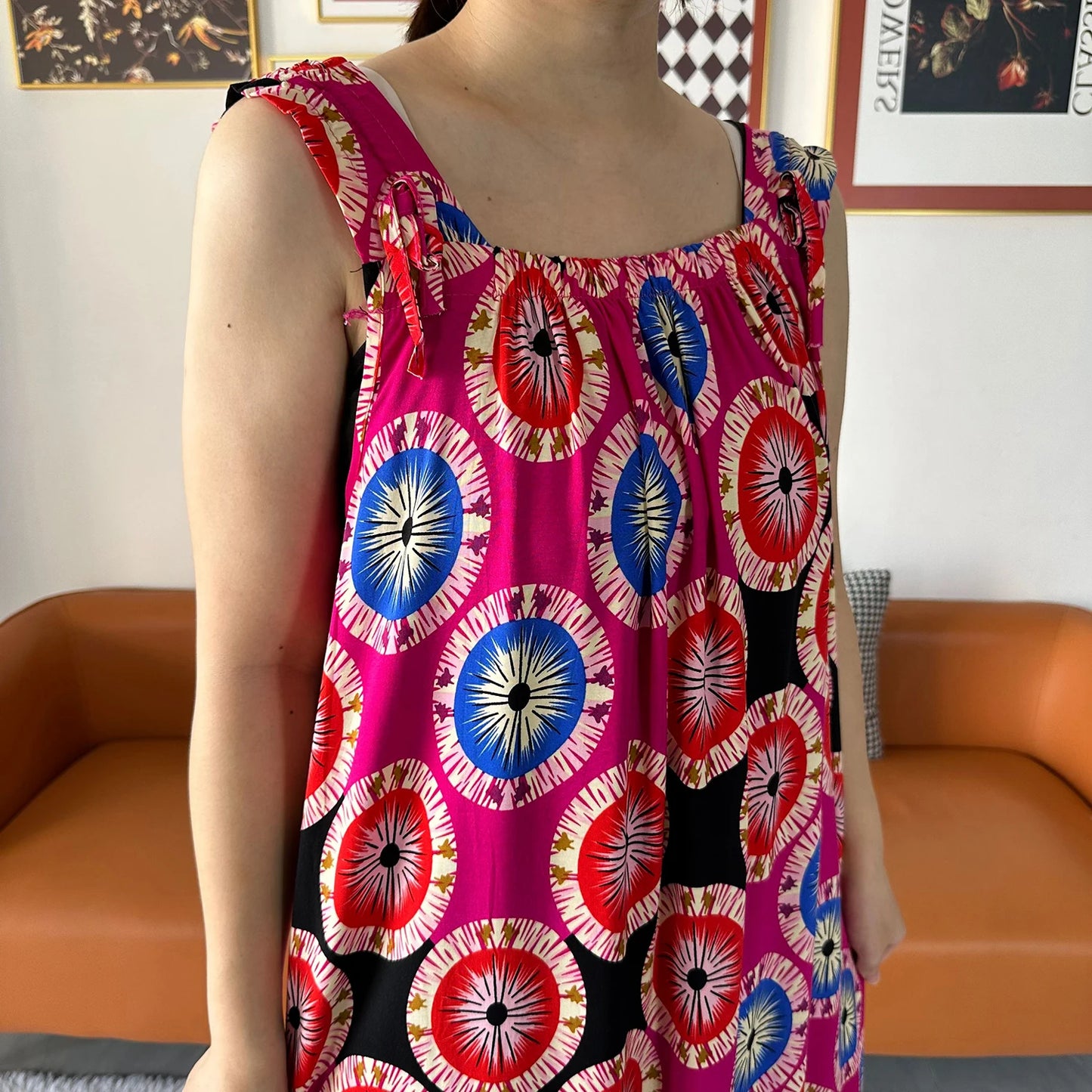 Cotton Summer Sleeveless Dress Print Floral Loose Women Casual Robe With Big Scarf by DERILUJA LLC