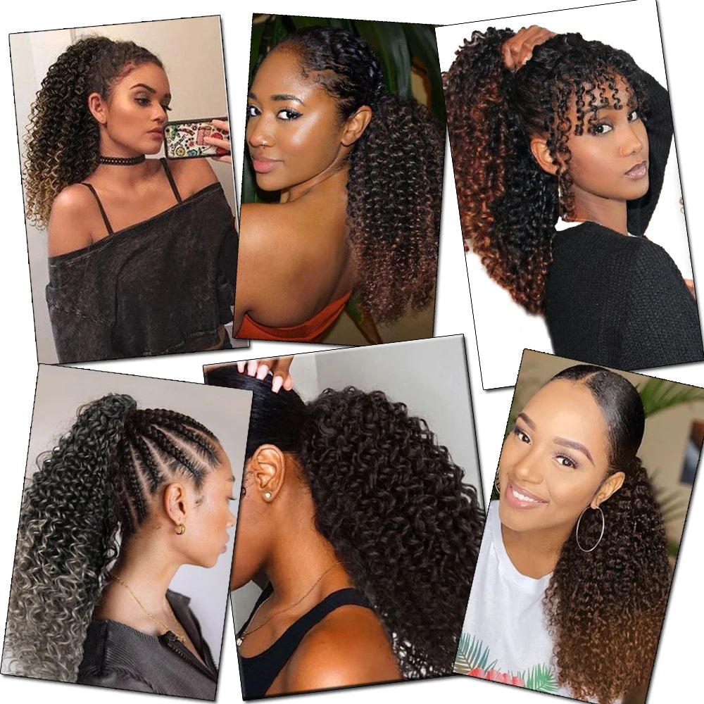 Synthetic Drawstring Puff Ponytail Afro Curly 16 Inch Hair Extension Clip In Pontail African Ombre Long Hair Brown Black Grey by DERILUJA LLC