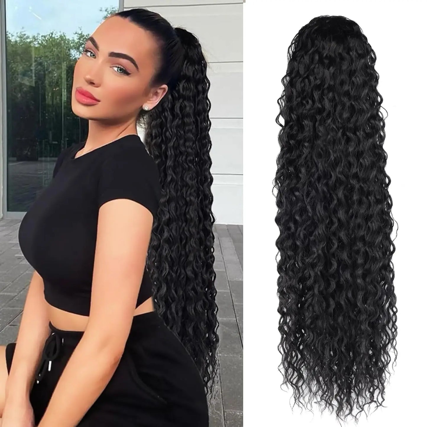 Synthetic Wig 24inch Long Curly Wave Drawstring Ponytail HairPieces Extension Heat Resistant Clip in For Women Girl by DERILUJA LLC