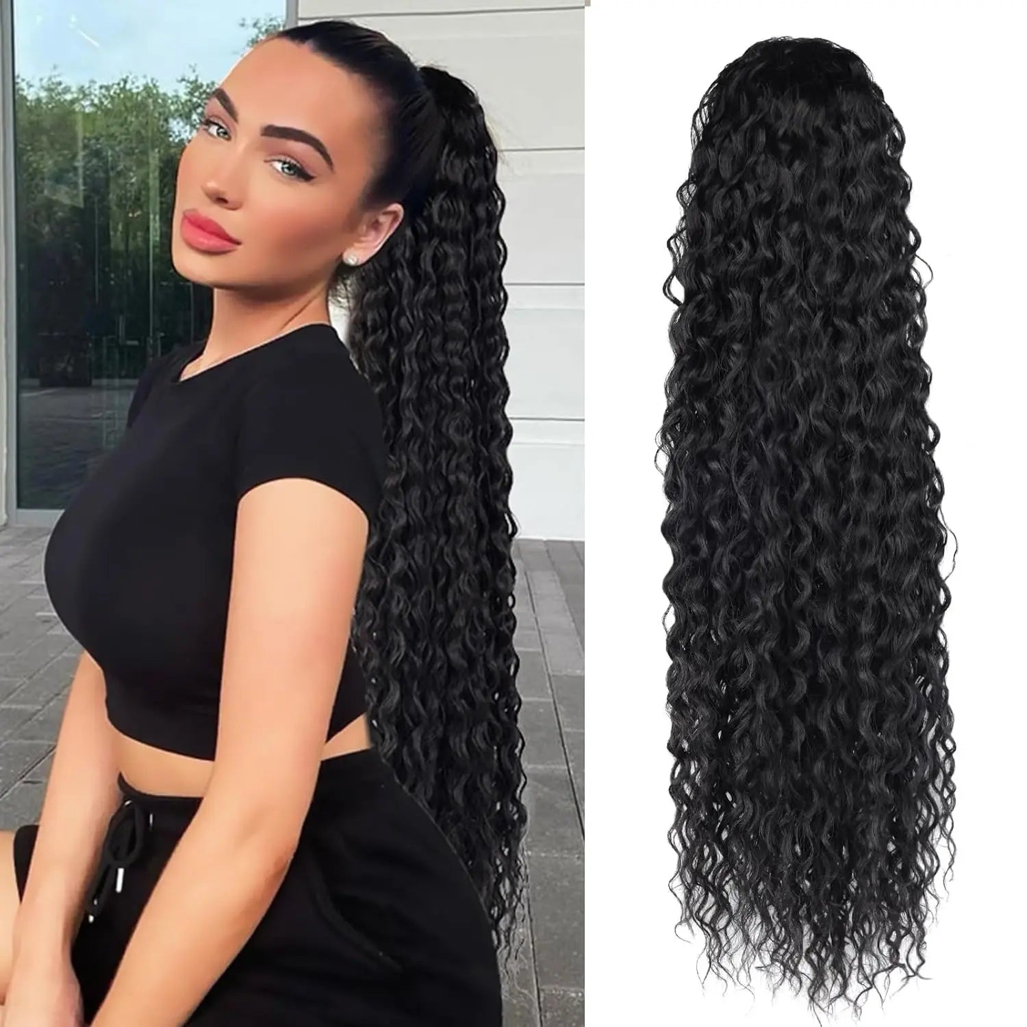 Synthetic Wig 24inch Long Curly Wave Drawstring Ponytail HairPieces Extension Heat Resistant Clip in For Women Girl by DERILUJA LLC