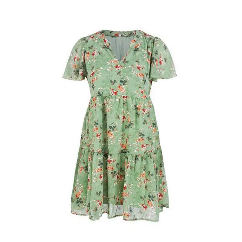 Spring Summer Fashion Women V Neck Short Sleeve Loose Chic Floral Printed Dress by DERILUJA LLC