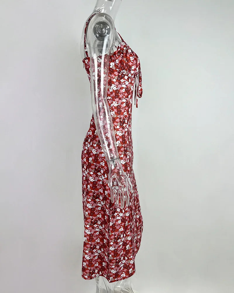 Flower Printed Spaghetti Strap Dresses For Women Low Cut Beach Party Slim Slit Dress Chic Bodycon Lady Sleeveless Vestidos by DERILUJA LLC