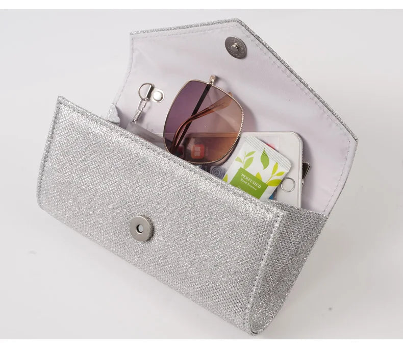 Glitter Envelope Handbag Women Silver Shiny Chain Shoulder Bag Ladies Mini Crossbody Flap Fashion Small Dress Day Clutch by DERILUJA LLC