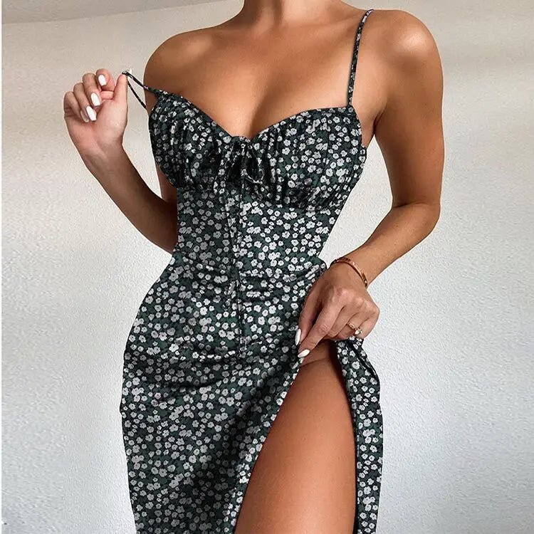 Flower Printed Spaghetti Strap Dresses For Women Low Cut Beach Party Slim Slit Dress Chic Bodycon Lady Sleeveless Vestidos by DERILUJA LLC