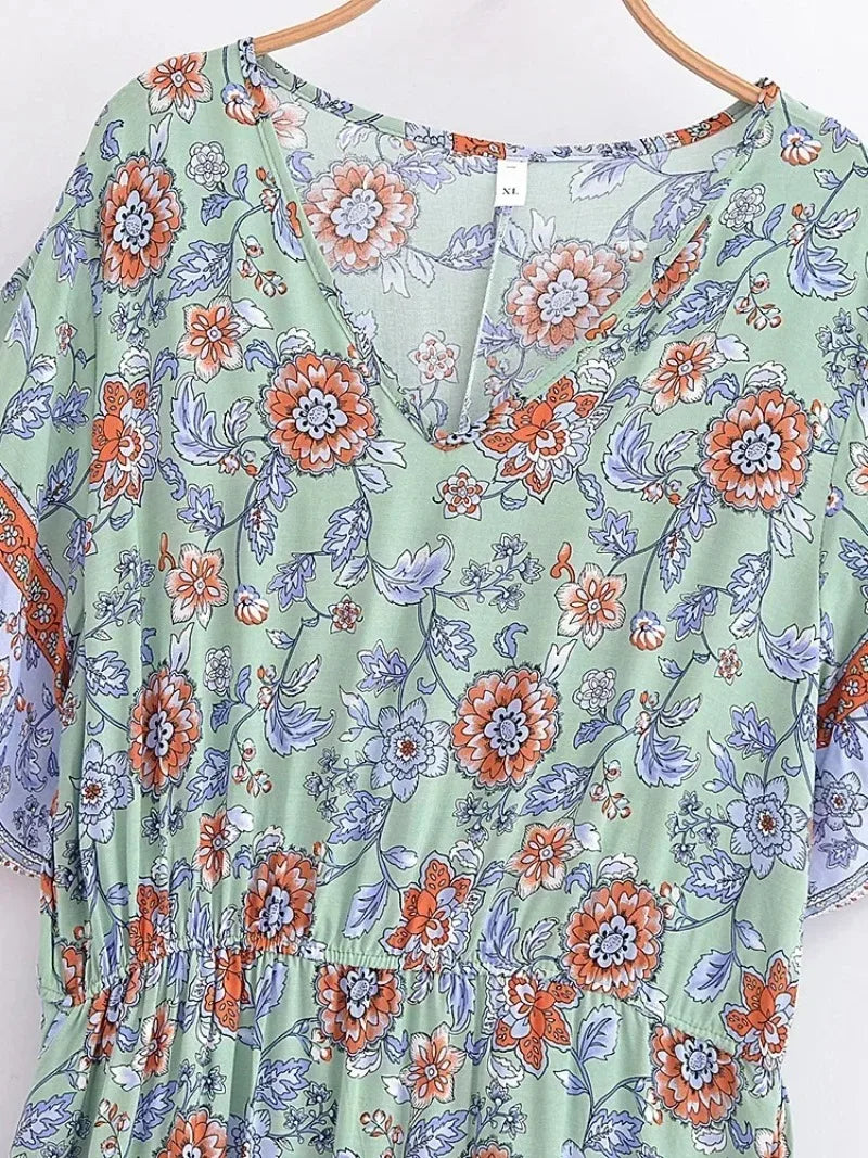 Maxi Dress Ladies V-neck Rayon Cotton Summer Boho Dresses Robe by DERILUJA LLC