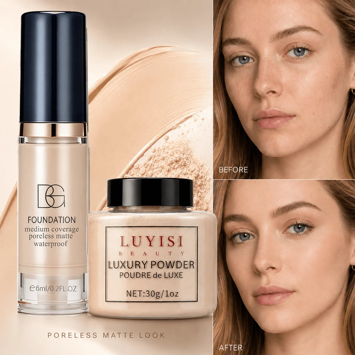 Facial Makeup Set:1pc Matte Loose Powder+1pc Waterproof Fundation,High-Coverage,Long-Lasting,Oil Control,Creat Natural Looks. by DERILUJA LLC