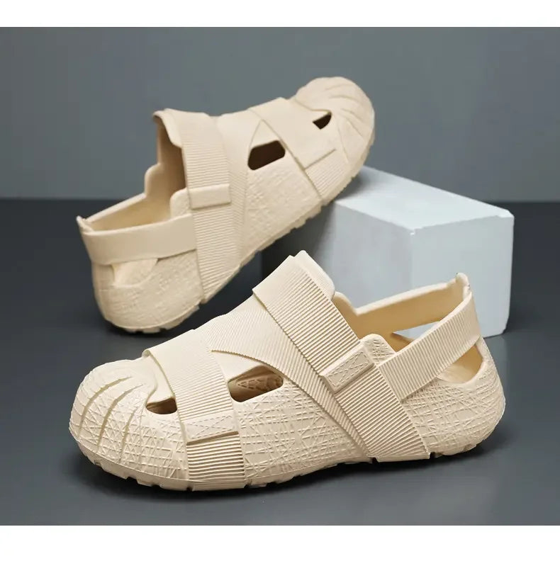 Summer Men's Outdoor Hollow Sandals Flat Bottom Non Slip Women's Garden Beach Breathable Soft Bottom Sneakers Large Sandals by DERILUJA LLC