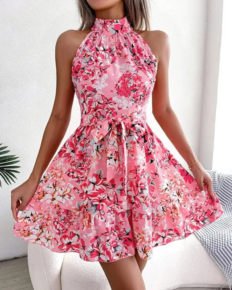 Spring Summer Floral Halter Neck Short Dresses Holiday Beach Sundress Casual Halter Short Dresses Clothes Women by DERILUJA LLC
