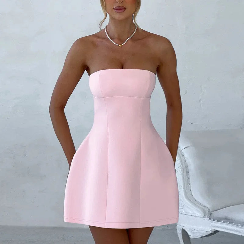 Mini Dresses Solid Patchwork High Waist Summer Fashion Female Bodycon Plunge Vacation Strapless Dress by DERILUJA LLC