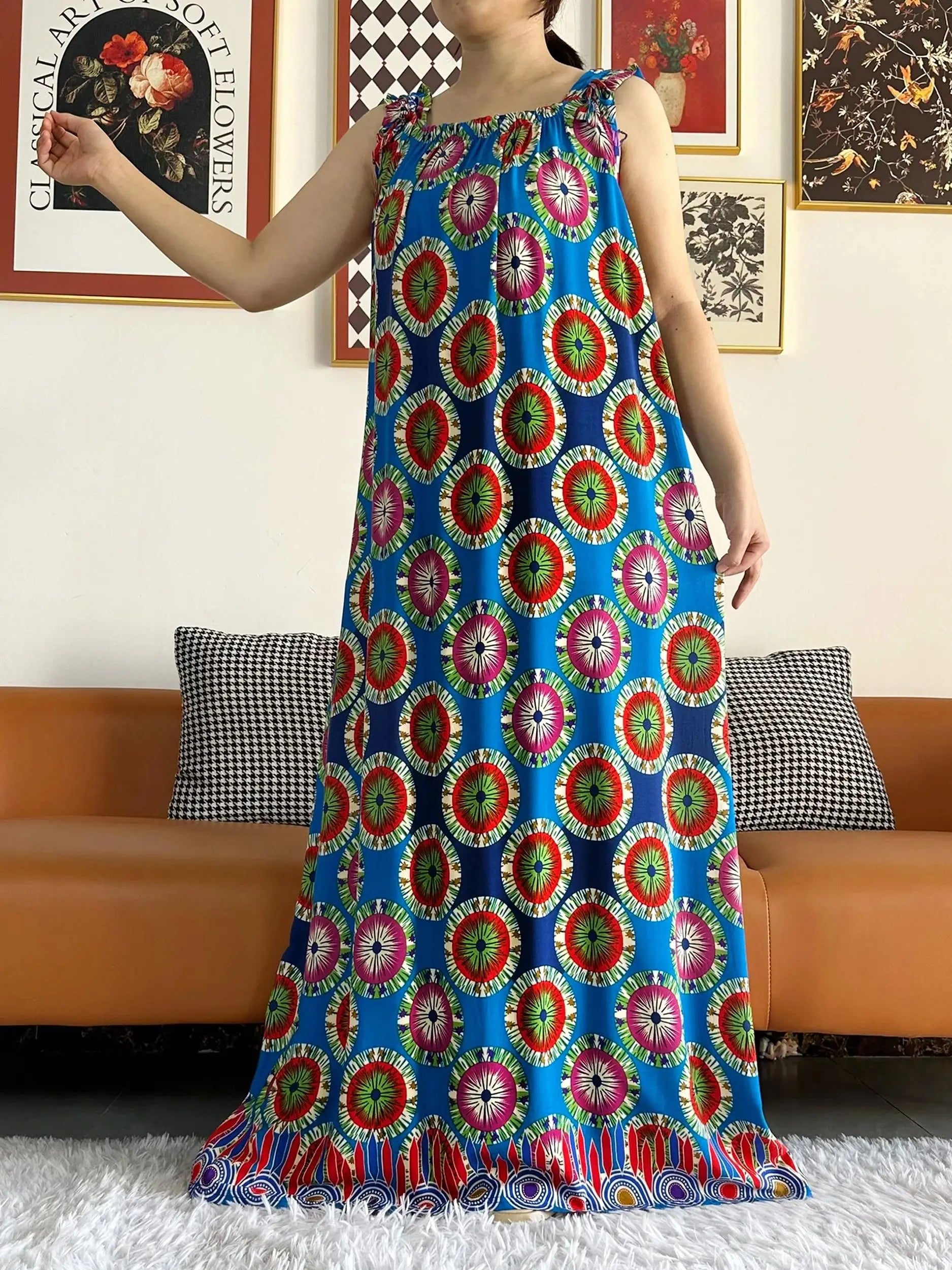 Cotton Summer Sleeveless Dress Print Floral Loose Women Casual Robe With Big Scarf by DERILUJA LLC