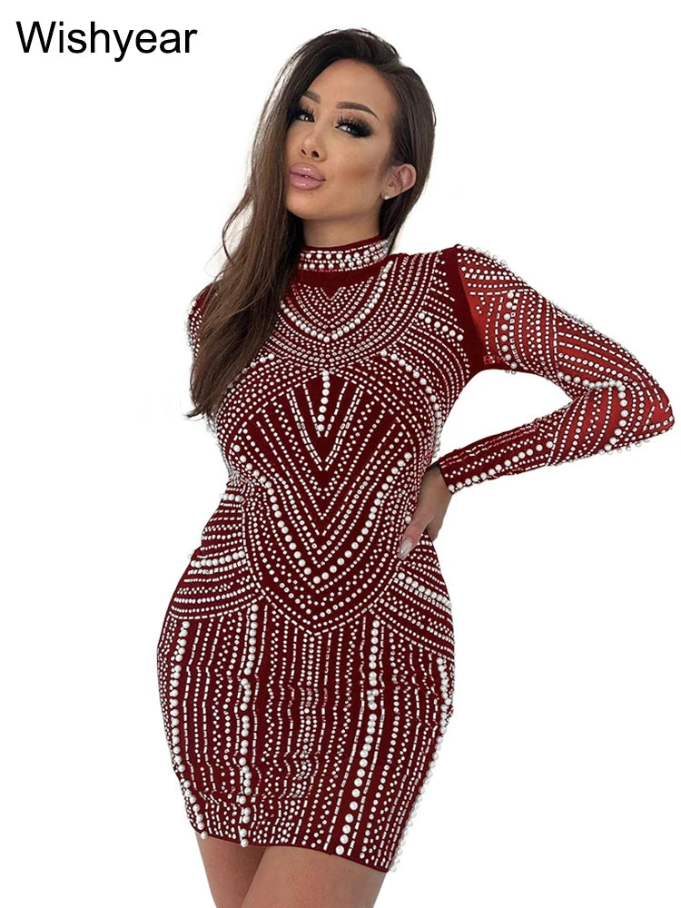 New Sparkle Rhinestone Pearl Mini Dress Women Luxury Stand Neck Crystal Night Club Short Evening Party Vestidos Birthday Outfits by DERILUJA LLC