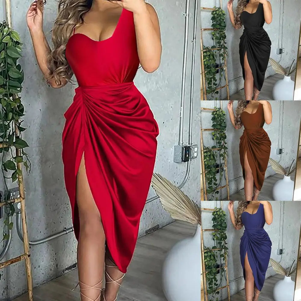 Summer Women Dress Spaghetti Strap Draped High Cut Bodycon Lady Dress Satin One Shoulder by DERILUJA LLC