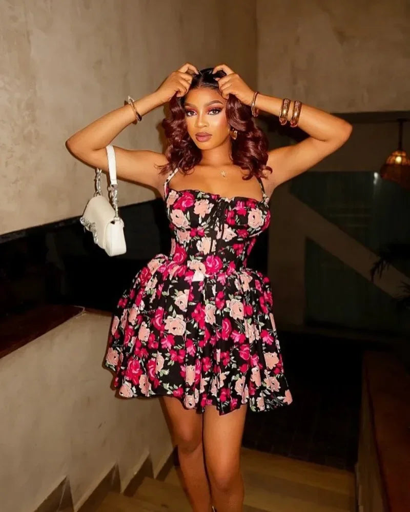 Dress Women Summer Fashion Women Sleeveless Polyester Printing Mini Dress Casual Beach Party Evening Dress