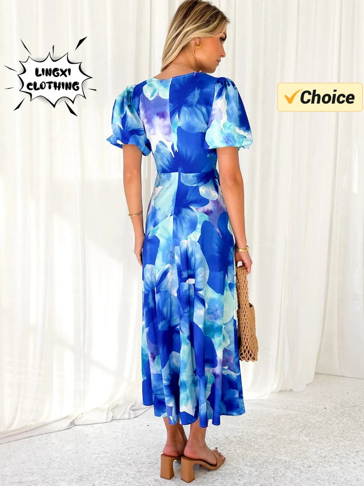 Summer Fashion New Women's PartyDress V-Neck Long Hollow Open Back Print A-line Long Bubble Sleeve Dress 2026 by DERILUJA LLC