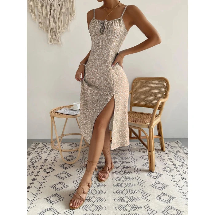 Dress Beach Style Floral Print Frock Lace-Up V-Neck Ruched Skirt Slit Hem Female Vestido by DERILUJA LLC