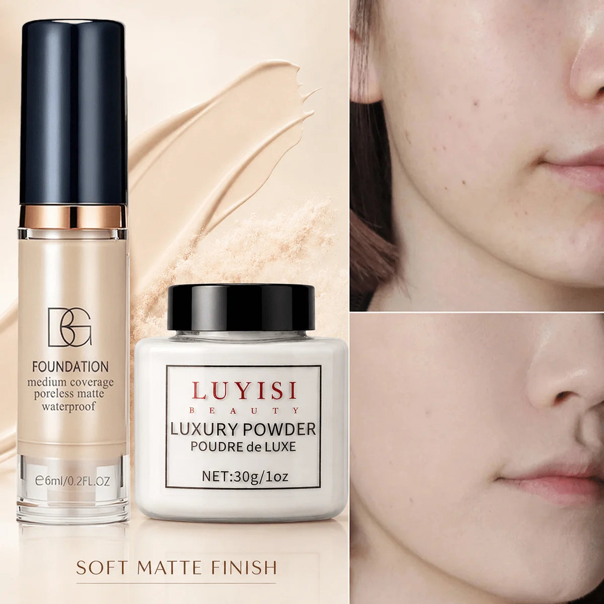 Facial Makeup Set:1pc Matte Loose Powder+1pc Waterproof Fundation,High-Coverage,Long-Lasting,Oil Control,Creat Natural Looks. by DERILUJA LLC