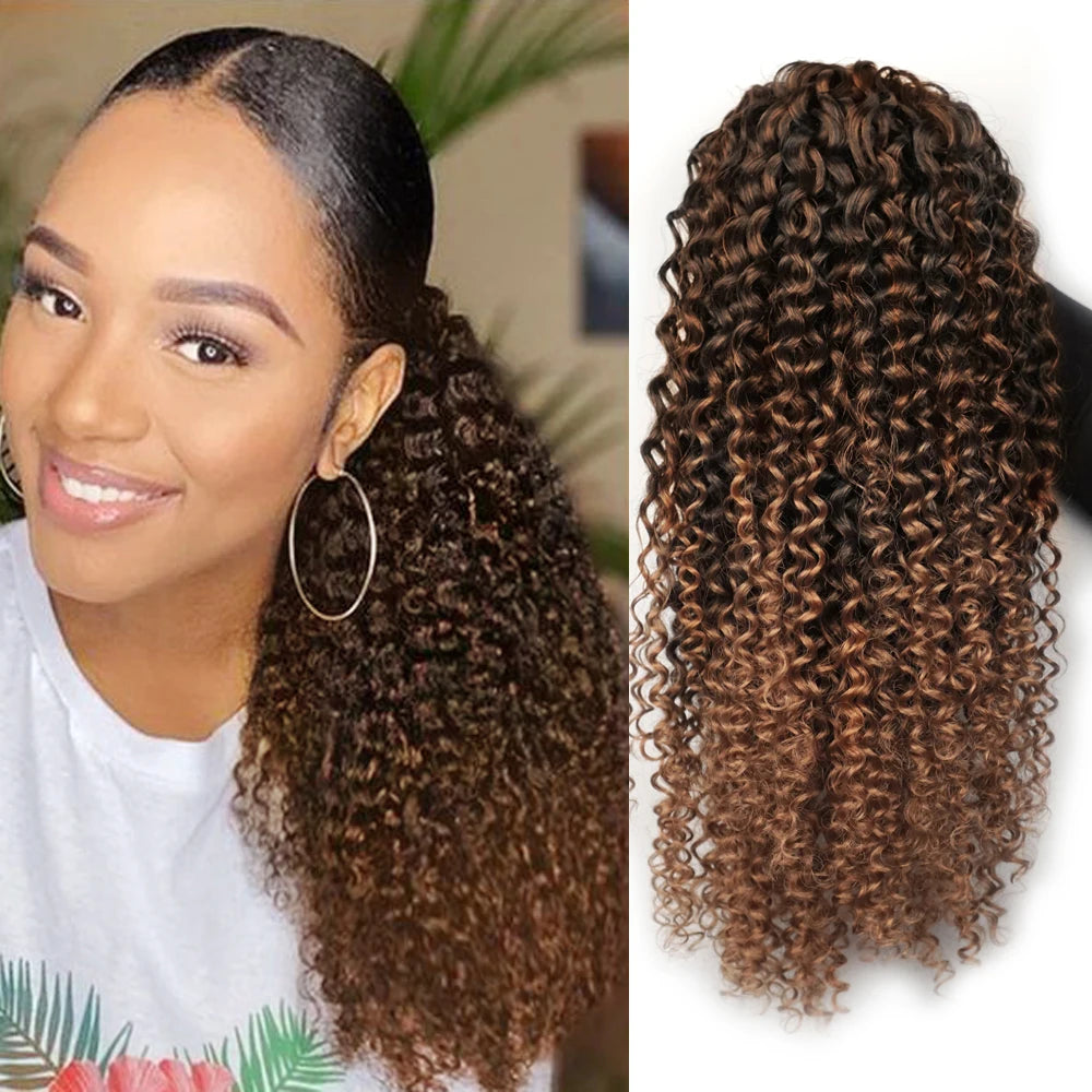 Synthetic Drawstring Puff Ponytail Afro Curly 16 Inch Hair Extension Clip In Pontail African Ombre Long Hair Brown Black Grey by DERILUJA LLC