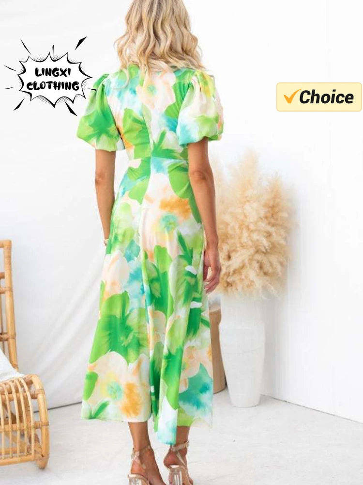 Summer Fashion New Women's PartyDress V-Neck Long Hollow Open Back Print A-line Long Bubble Sleeve Dress 2026 by DERILUJA LLC