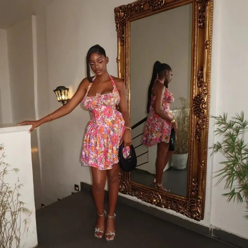 Dress Women Summer Fashion Women Sleeveless Polyester Printing Mini Dress Casual Beach Party Evening Dress by DERILUJA LLC