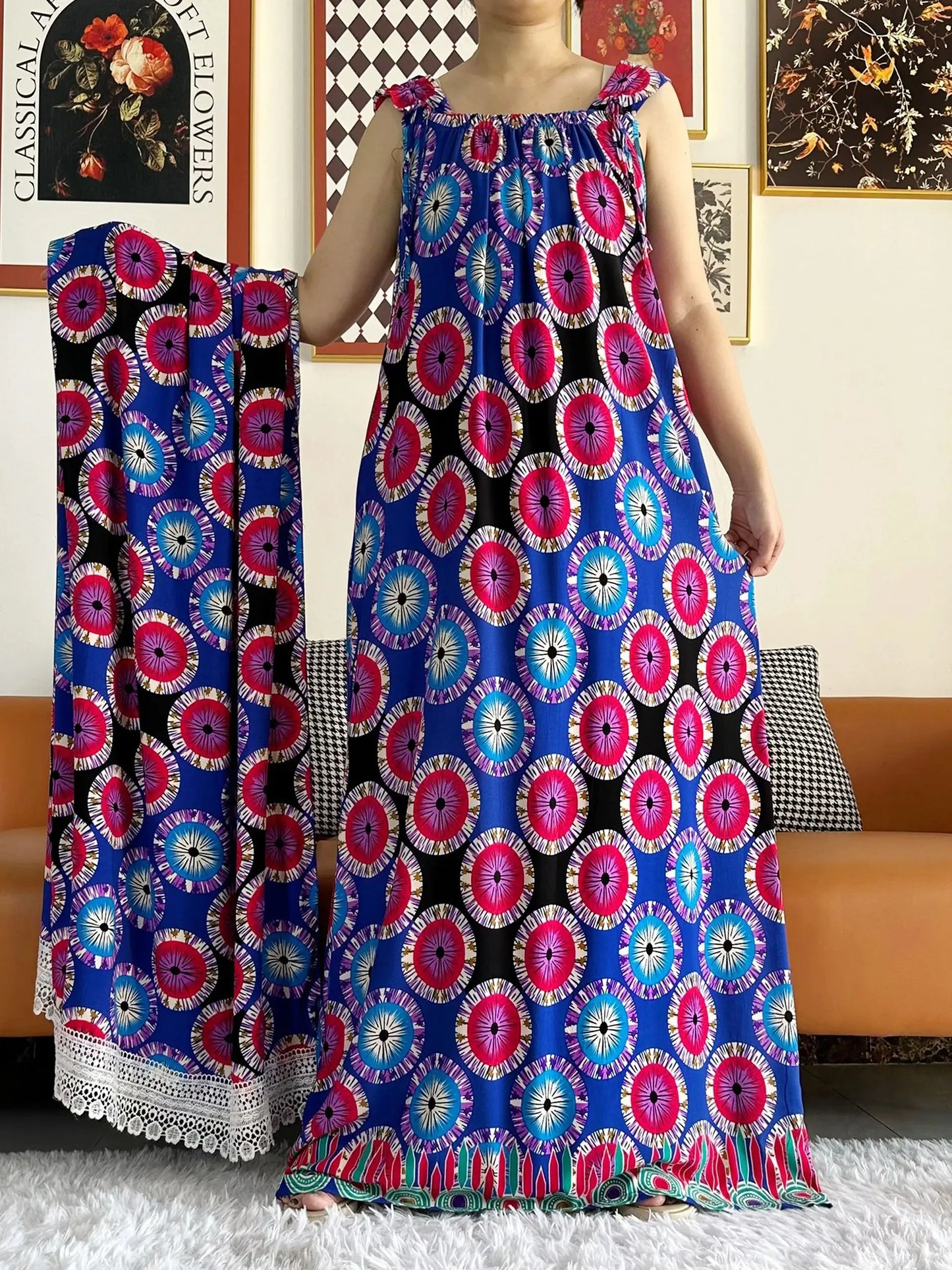 Cotton Summer Sleeveless Dress Print Floral Loose Women Casual Robe With Big Scarf by DERILUJA LLC