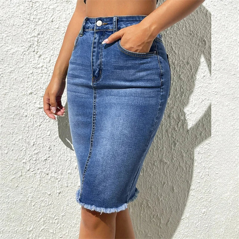 Fashion High Waist Denim Skirt Women Tassel Decoration Hem Wrap Hip Half-body Dress Female Summer Daily Casual Trend Streetwear by DERILUJA LLC
