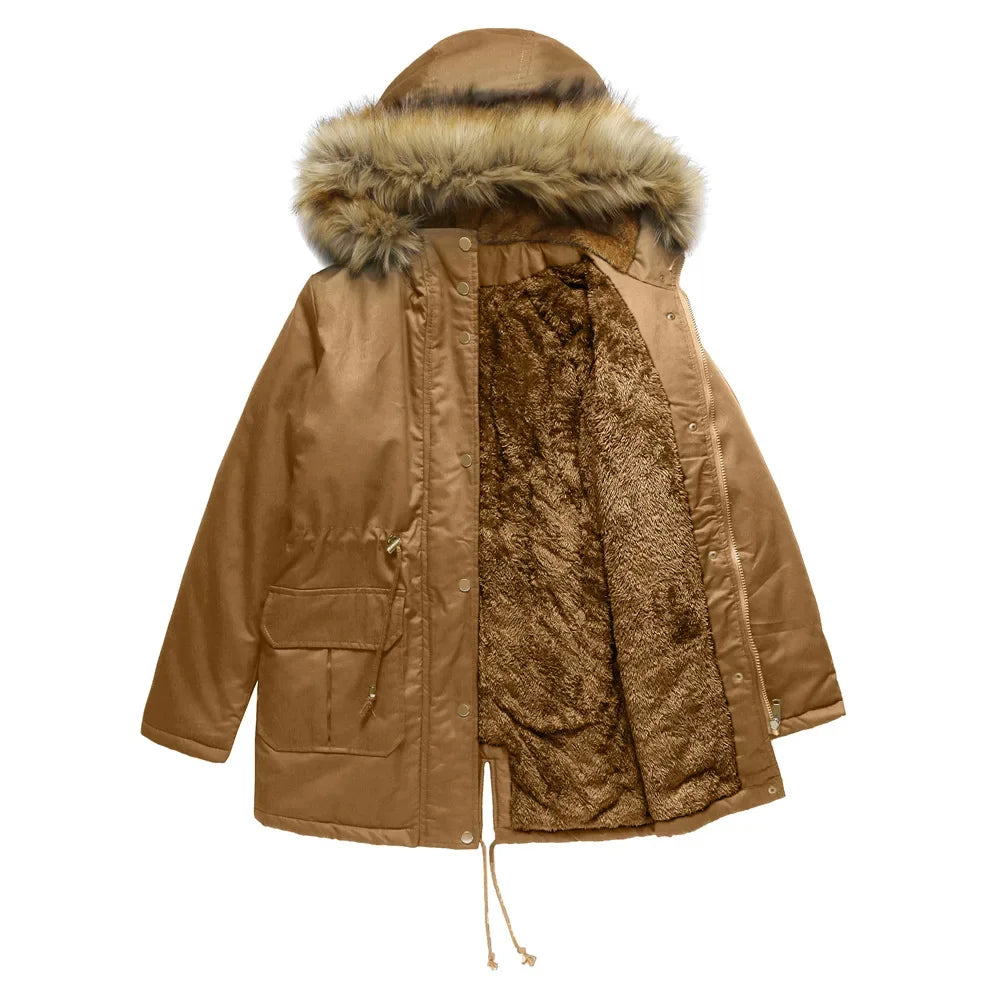 Women's Winter Jacket Warm Solid Plush Thickened Long Winter Coat Outdoor Hiking Fur Hooded Windproof Down Parka Coats Overcoat by My Store