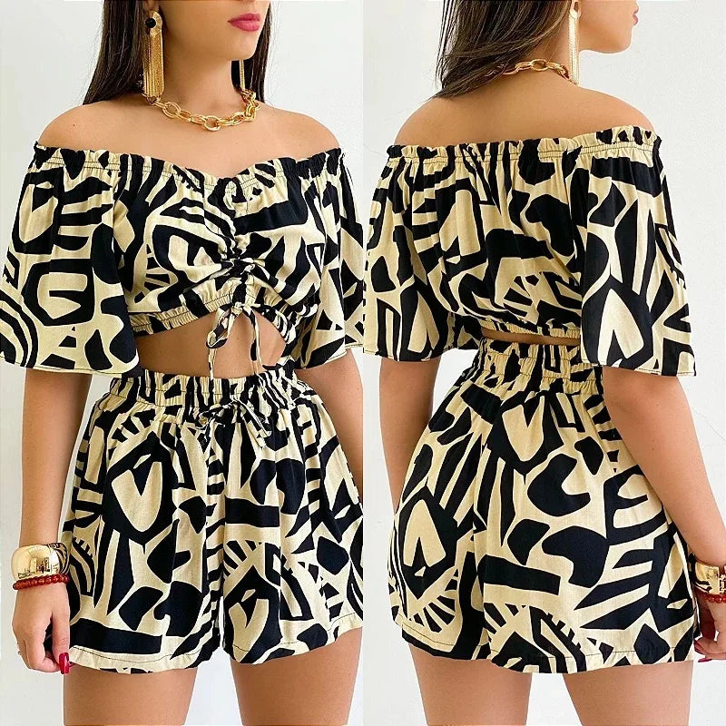 Shoulder Slash Neck T-shirt Shorts Set Office Lady Floral Print Lace Up Short Sleeve Two Piece Set Women Outfit 2026