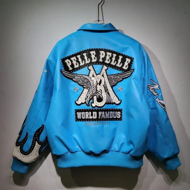 Hip-hop eagle embroidery leather jackets cool flame decoration baseball streetwear autumn and winter jacket men clothing by DERILUJA LLC