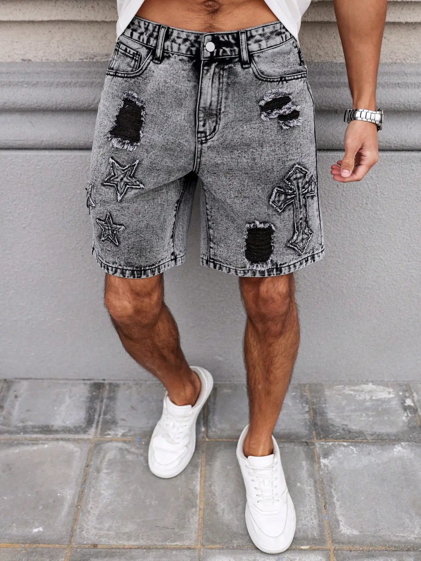 Men's Summer Denim Shorts. Straight-leg fit. Ripped design. Dark gray denim embroidered shorts by DERILUJA LLC