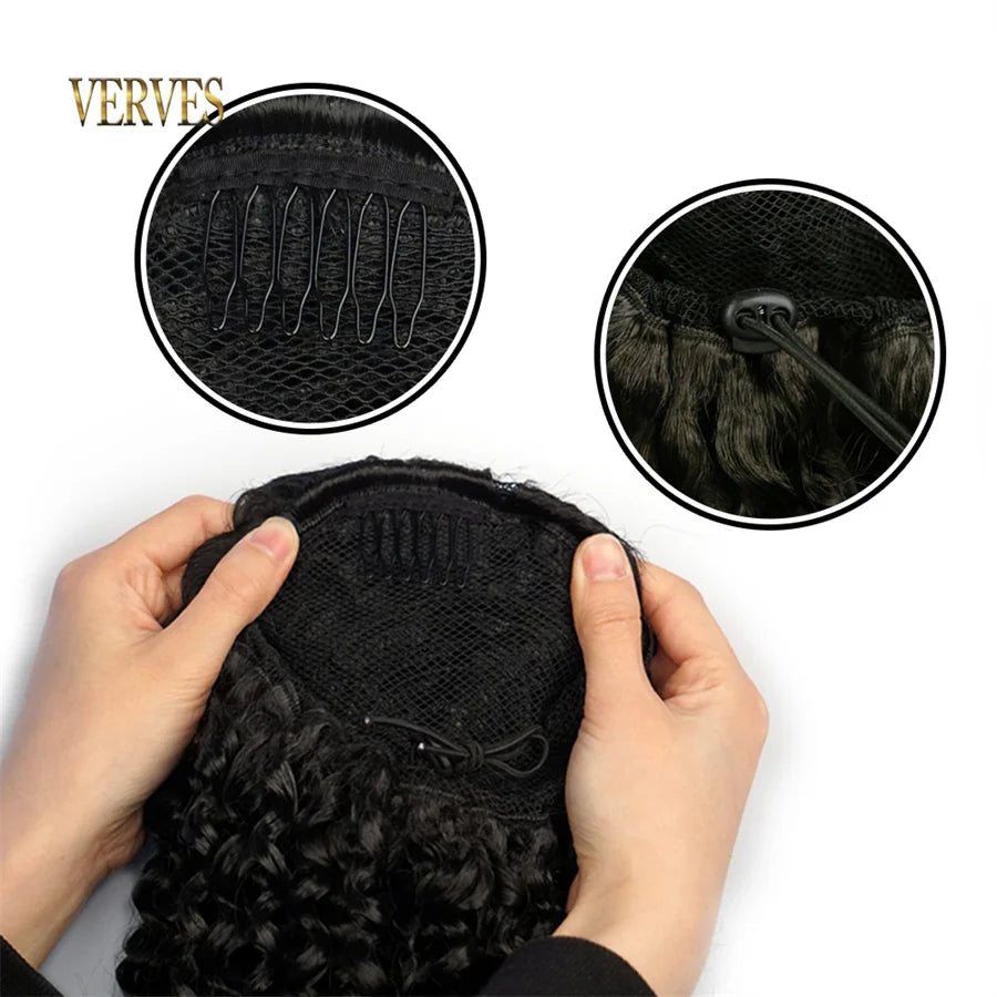 Synthetic Drawstring Puff Ponytail Afro Curly 16 Inch Hair Extension Clip In Pontail African Ombre Long Hair Brown Black Grey by DERILUJA LLC