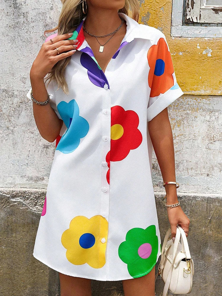 New Fashion Everyday Casual Ladies Short-sleeved Lapel Print Dress City Trend Single-breasted Dress 3D Printed Art Dress by DERILUJA LLC