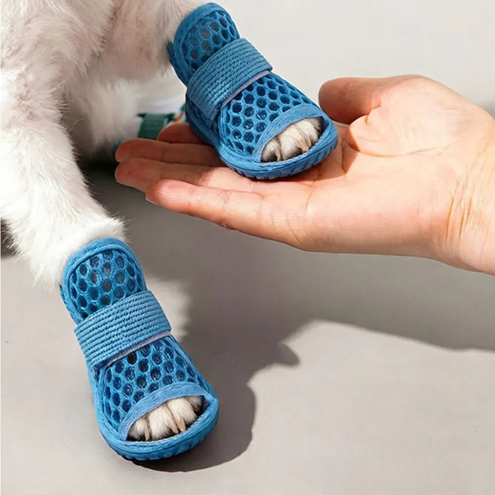 4Pcs Cute Mesh Dog Shoes Non-slip Elastic Strap Cooling Dog Boots Soft-sole Wear-resistant Pet Sandals Summer by DERILUJA LLC