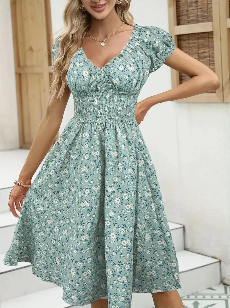 2026 Summer New Vintage Floral Bubble Sleeve French Dress by DERILUJA LLC