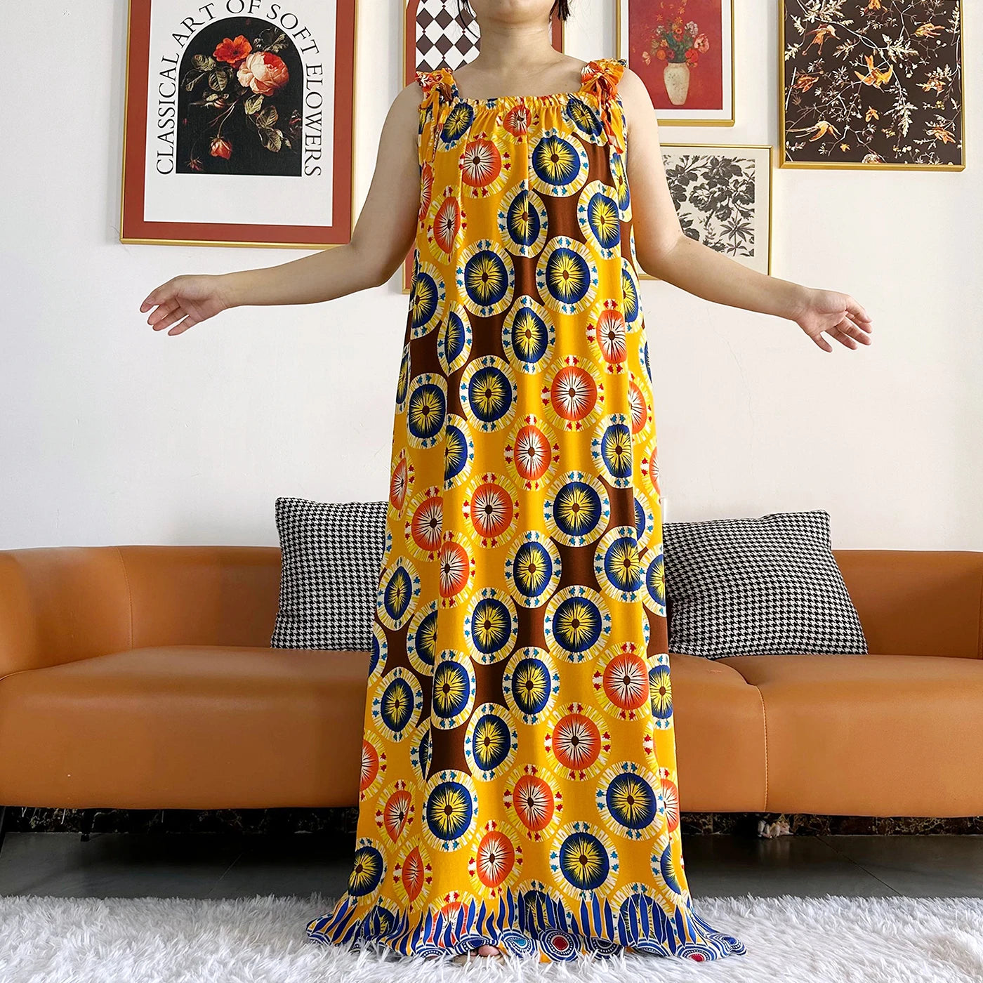 Cotton Summer Sleeveless Dress Print Floral Loose Women Casual Robe With Big Scarf by DERILUJA LLC