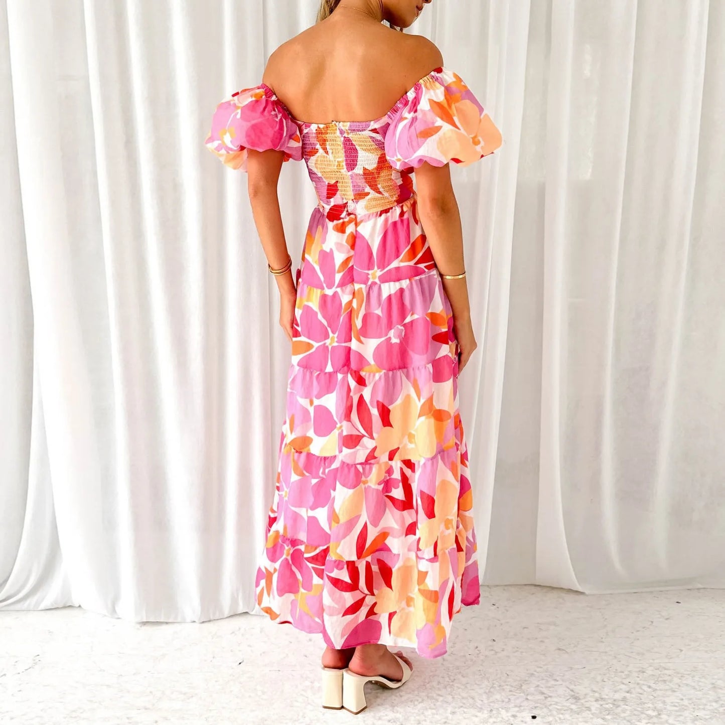 Summer V Neck Cutout Floral Print Dresses Elegant Women Puff Short Sleeve Casual Dress Pleated Waisted Swing Beach Long Dress 2026 by DERILUJA LLC