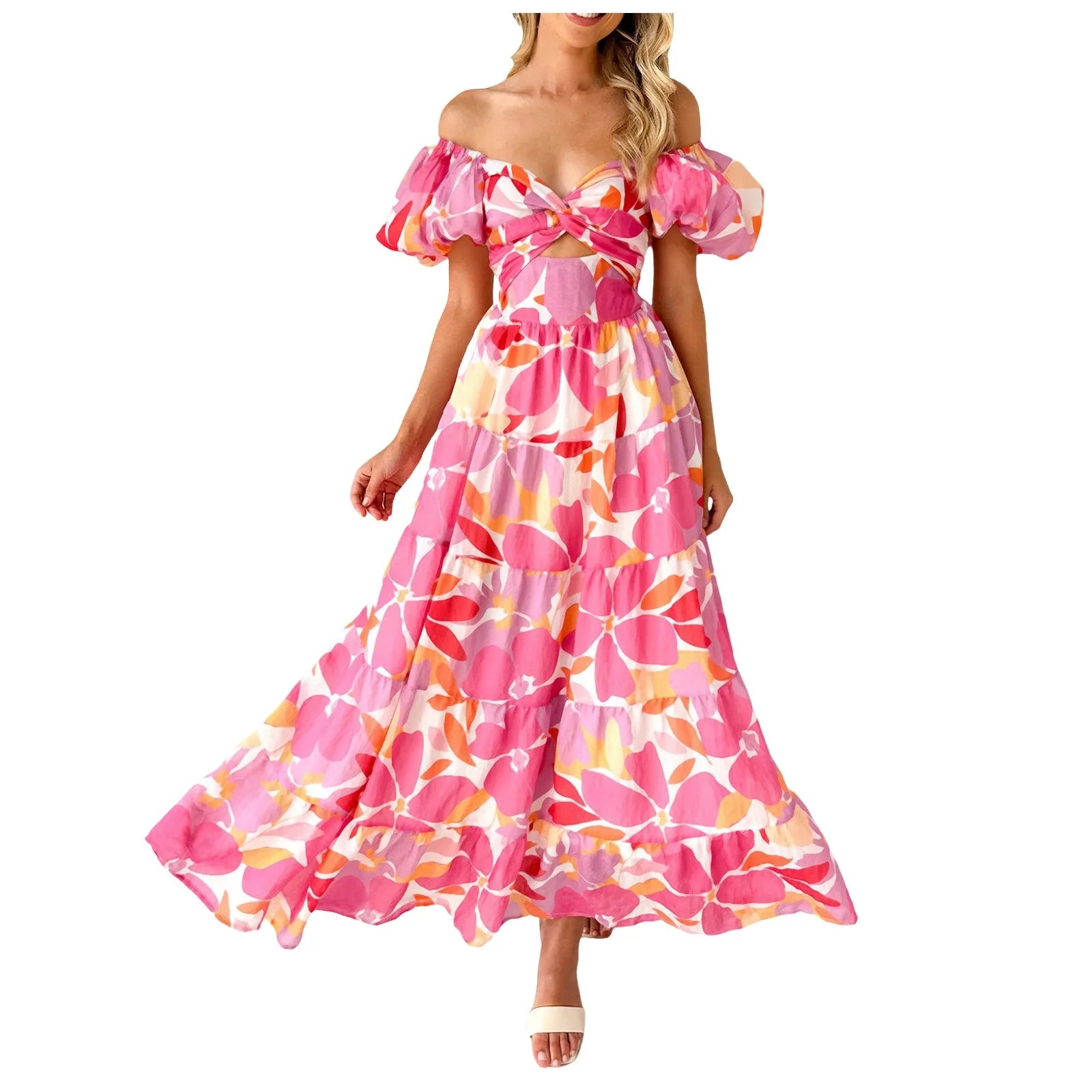 Summer V Neck Cutout Floral Print Dresses Elegant Women Puff Short Sleeve Casual Dress Pleated Waisted Swing Beach Long Dress 2026 by DERILUJA LLC