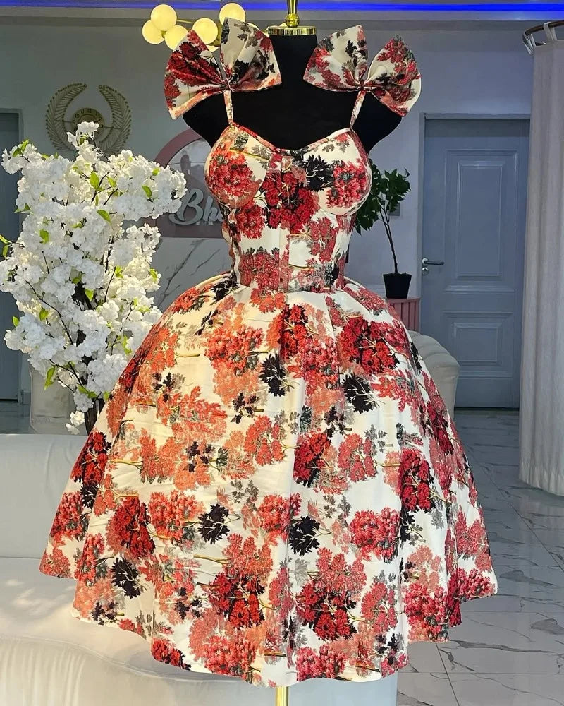 Elegant Floral Print A- Line Mini Dress with Bow Knot High Waist Slimming for Women Spring Season Fashion Casual Skirt