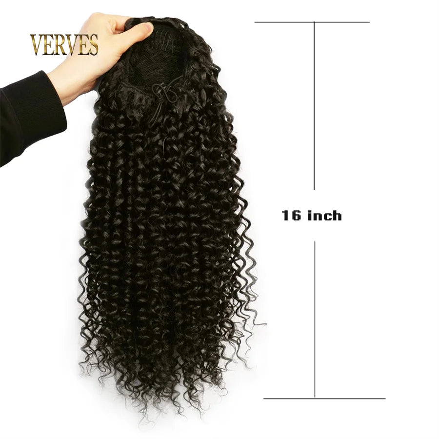 Synthetic Drawstring Puff Ponytail Afro Curly 16 Inch Hair Extension Clip In Pontail African Ombre Long Hair Brown Black Grey by DERILUJA LLC