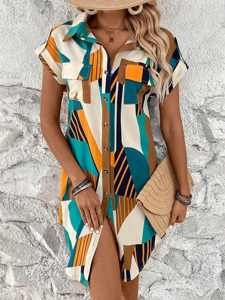 New Fashion Everyday Casual Ladies Short-sleeved Lapel Print Dress City Trend Single-breasted Dress 3D Printed Art Dress by DERILUJA LLC
