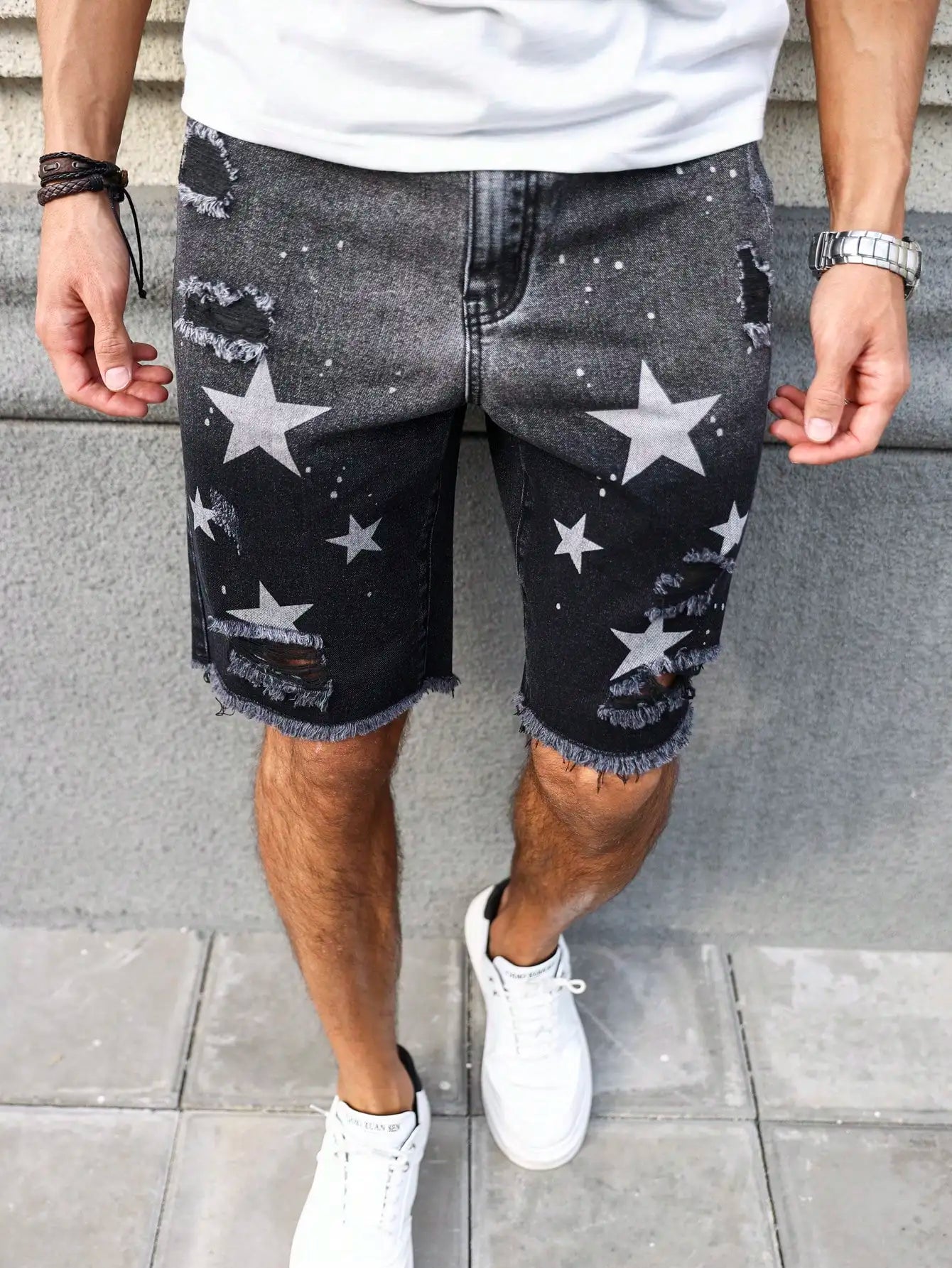 Men's summer denim printed shorts. Black - grey gradient color. Ripped details. Street - style trend. by DERILUJA LLC
