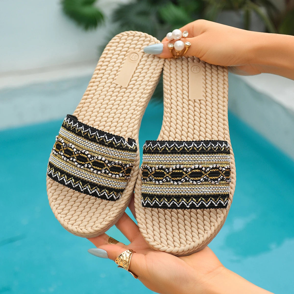 2026 New Summer Women Slippers Beach Fashion Sandals Ethnic Style Round Toe Casual Comfortable Flat Slippers Women Big Size 43 by DERILUJA LLC