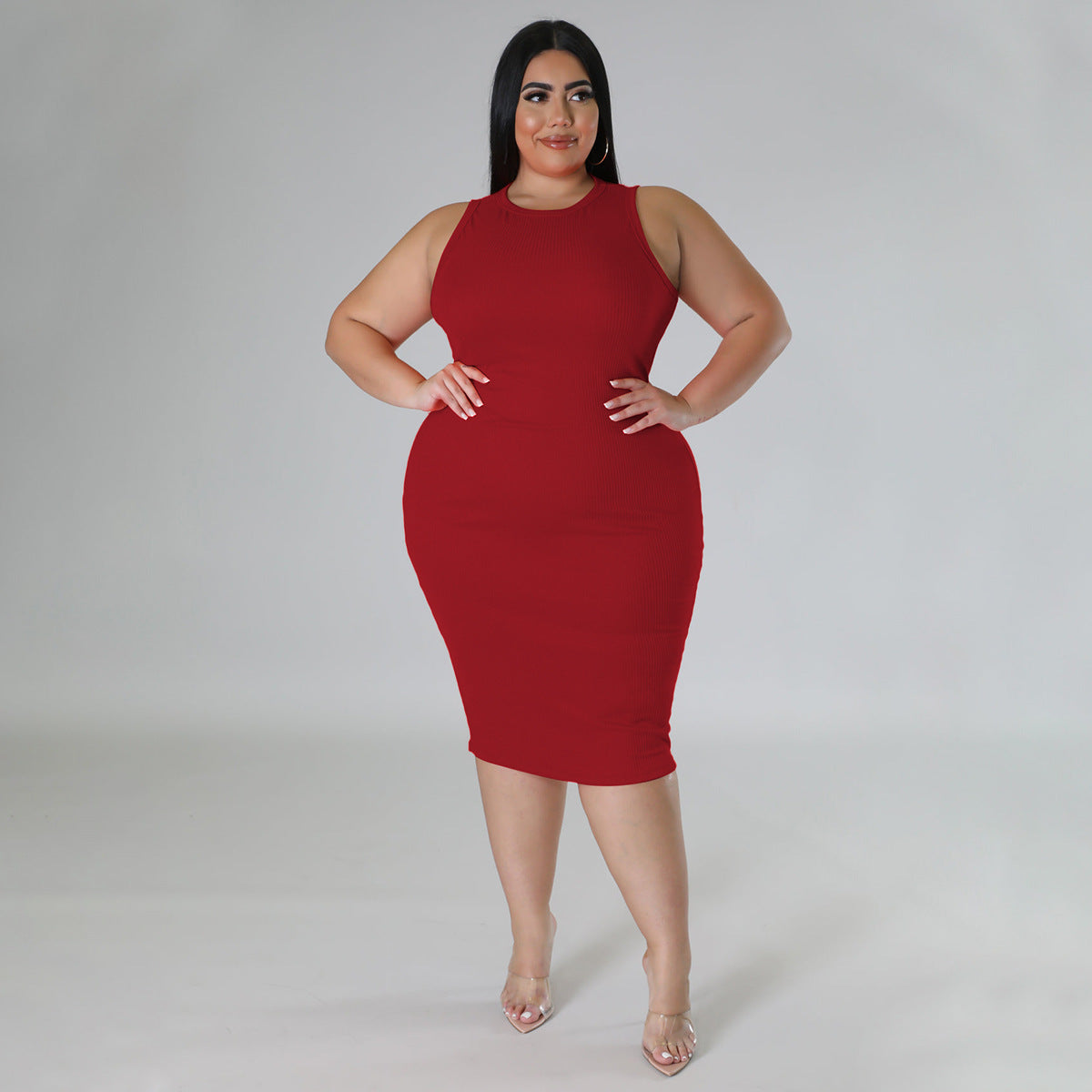 Women Plus size Fashion Sleeveless Knit Ribbed Bodycon Midi Tank Dress by DERILUJA LLC