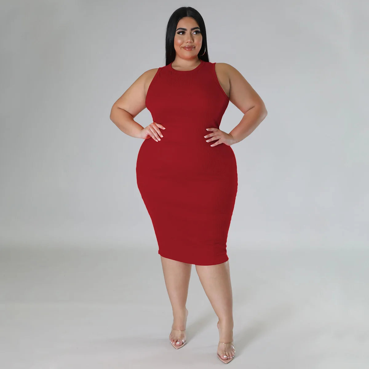 Women Plus size Fashion Sleeveless Knit Ribbed Bodycon Midi Tank Dress by DERILUJA LLC
