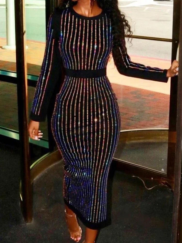 2026 Sequin Round Neck Women Dress Striped Solid Splice Party by DERILUJA LLC