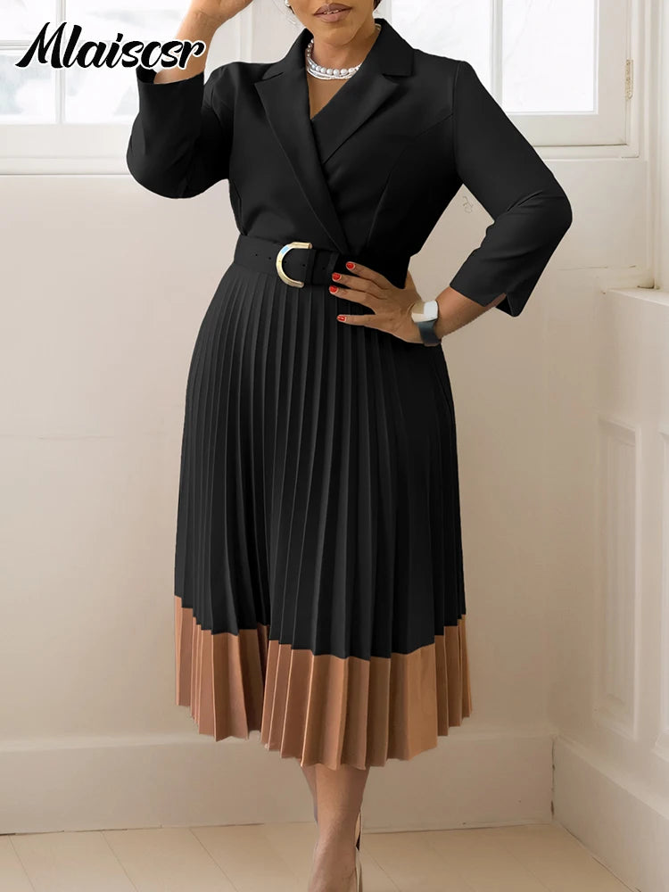 Elegant Long Sleeve Solid High Waist A Line Pleated Dress with Belt Women Office Lady Birthday Evening Vestidos by DERILUJA LLC