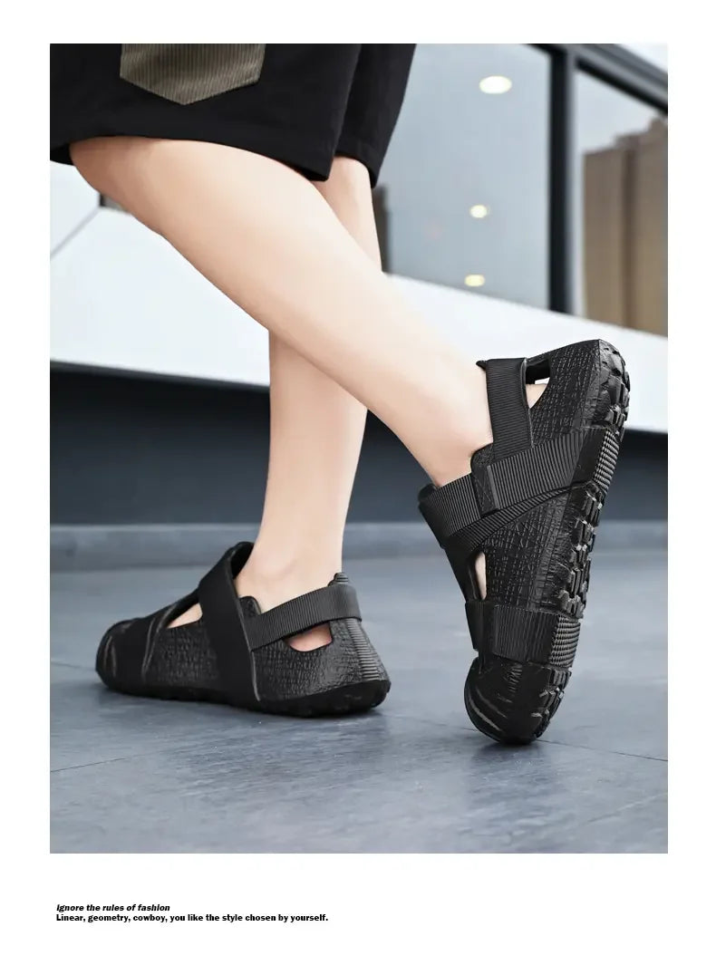 Summer Men's Outdoor Hollow Sandals Flat Bottom Non Slip Women's Garden Beach Breathable Soft Bottom Sneakers Large Sandals by DERILUJA LLC