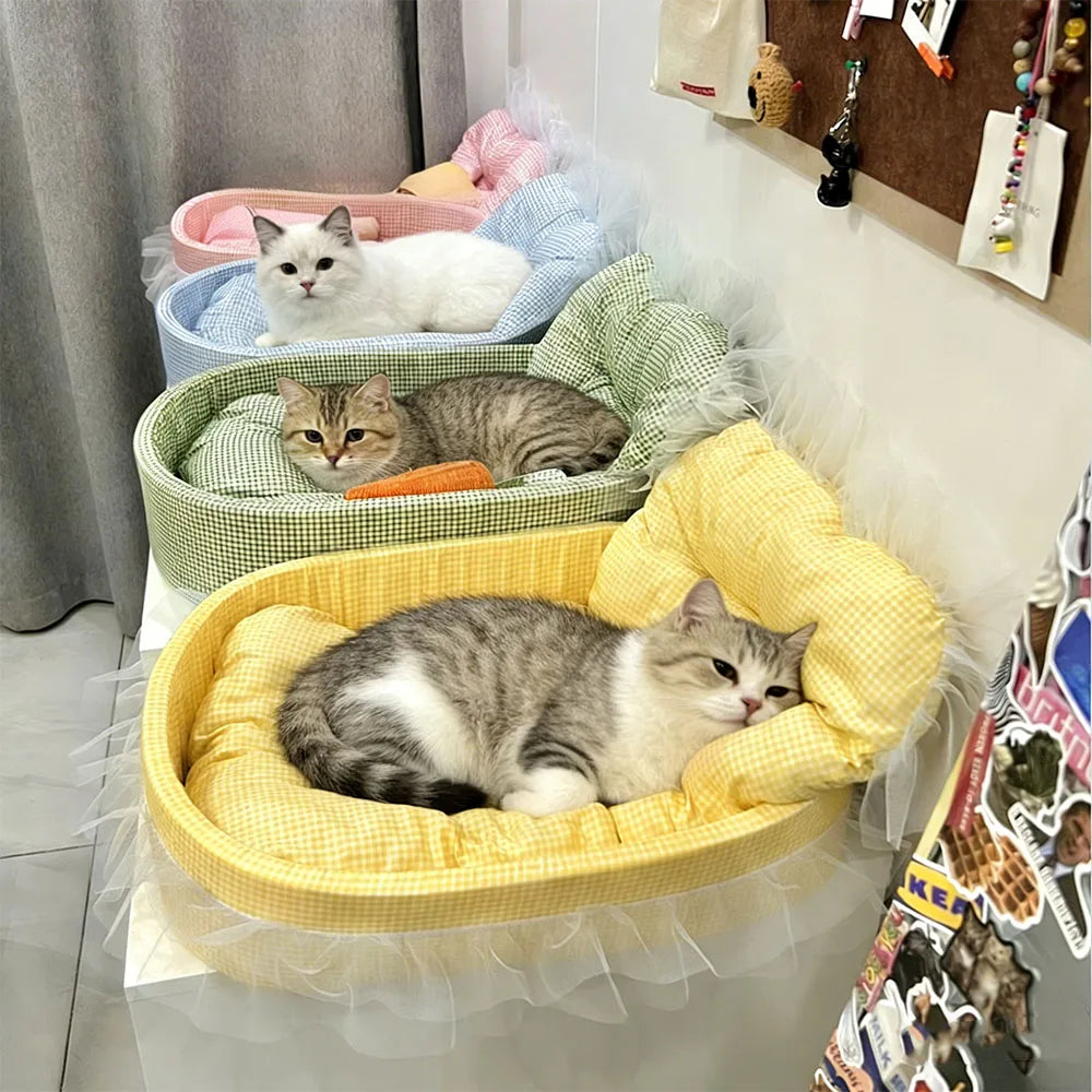 Cute Lace-Trimmed Pet Cat Princess Sofa Bed For Four Seasons Washable and Removable Soft Plush Oval for Small Dogs/Cats by DERILUJA LLC