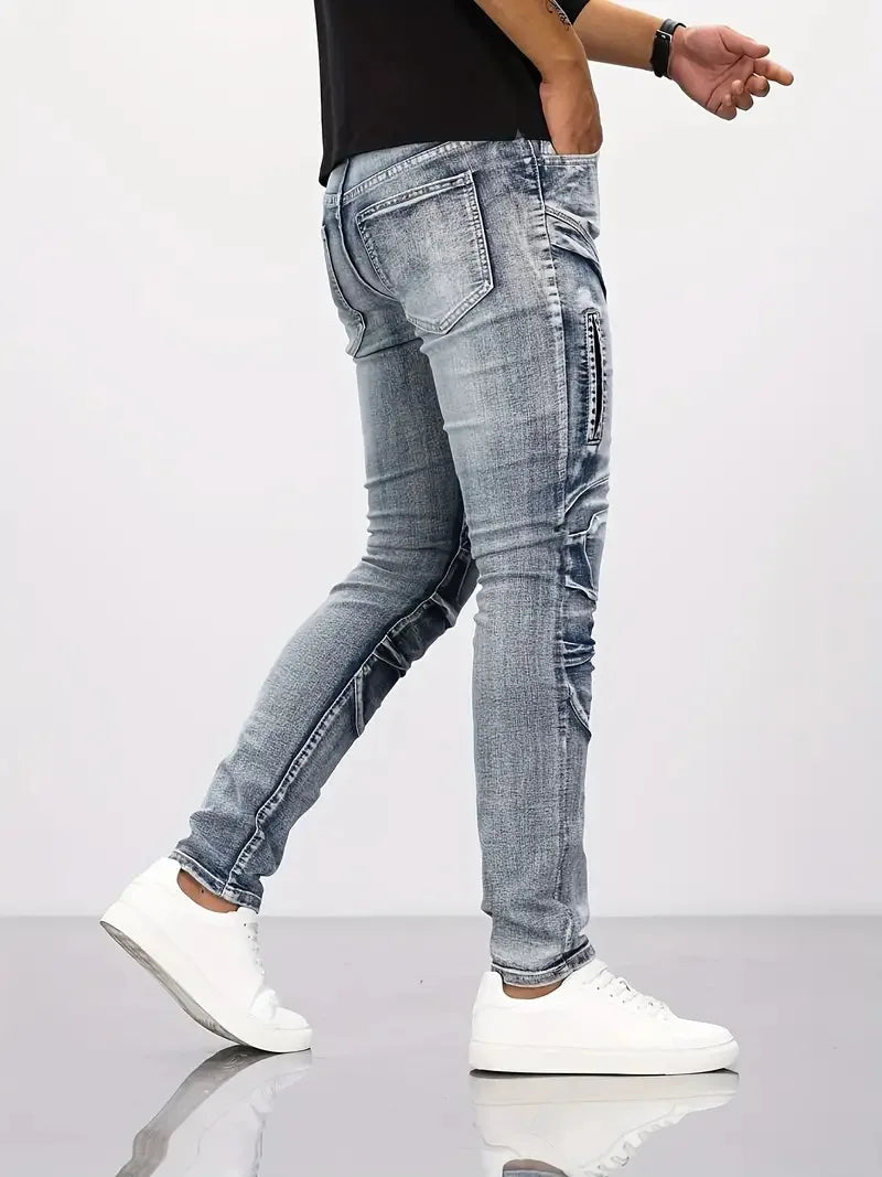 Two tone distressed patchwork jeans for men trendy jeans for summer thin straight leg pants slim fit small leg distressed jeans by DERILUJA LLC