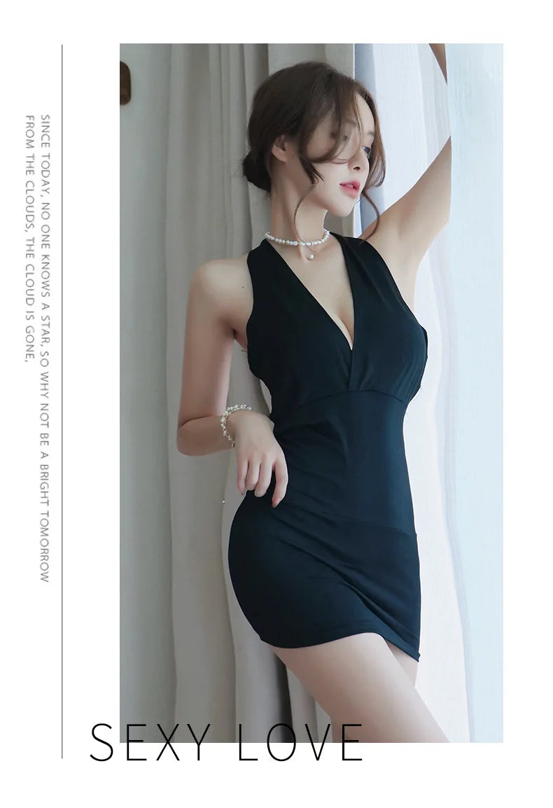Dress Deep V-Neck Slim Hot Backless Mini Dress Female Bandage Halter Patchwork Mini Vestidos by DERILUJA LLC