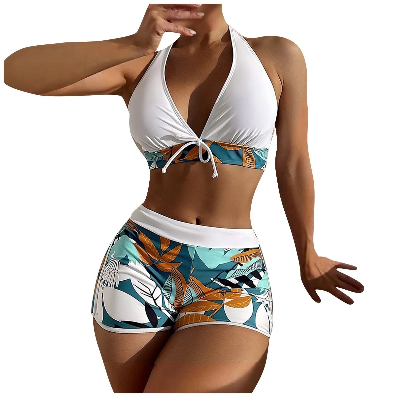 Women's Paneled Printed Swimsuit Ladies Fashion High Waist Swimsuit Two-Piece Set V-Neck Bathing Suits Female by DERILUJA LLC